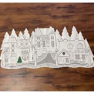 Crocheted Victorian Christmas Village Cutout Table Runner 15"x35" Holiday Decor